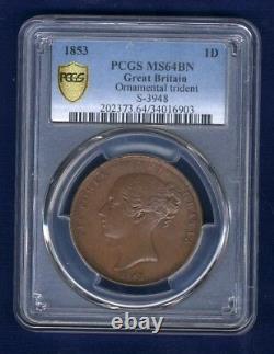 Grande-bretagne Victoria 1853 1 Penny Coin, Non Circulé, Certifié Pcgs Mme 64-bn