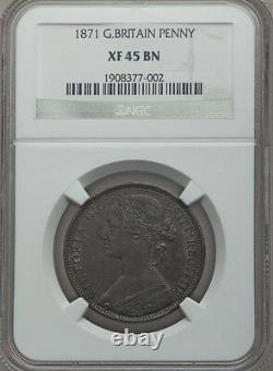 Grande-bretagne Victoria 1871 1 Penny Coin, Rare Date, Certifié Ngc Xf45-bn