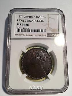 Grande-bretagne Victoria 1879 1 Penny Coin, Non Circulé, Certifié Ngc Mme 64-bn