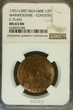 Grande-bretagne Warwickshire 1793 1/2 Penny Lady Godiva Ngc-ms65bn! Top Pop 1/0