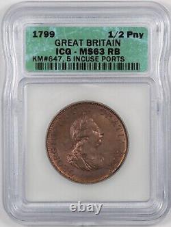 Icg Ms63 Rb 1799 Grande-bretagne George III 5 Incuse Ports Copper Penny