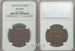 Joliment tonifié 1884 Pièce de bronze Grande-Bretagne Un penny Reine Victoria NGC AU58 BN