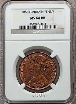 La Grande-Bretagne Victoria 1866 Penny, Non circulé, Choix certifié Ngc Ms64-rb