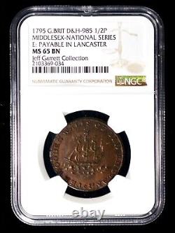 NGC MS65 1795 Grande-Bretagne Middlesex. Série nationale cuivre 1/2 Penny Token