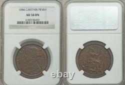 Nicely Toned 1884 Bronze Coin Grande-bretagne One Penny Queen Victoria Ngc Au58 Bn
