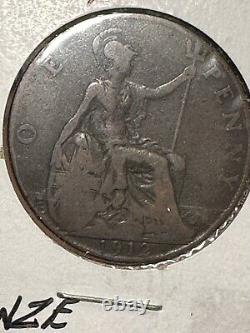Piece d'erreur! 1912 Grande-Bretagne Un Penny George V Manquant 'N' Dans 'ONE' Rare