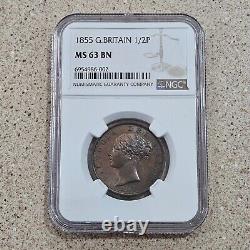 Pièce de monnaie de Grande-Bretagne de 1855 de 1/2 penny NGC encapsulée et évaluée MS63 BN Cuivre Demi-penny