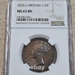 Pièce de monnaie de Grande-Bretagne de 1855 de 1/2 penny NGC encapsulée et évaluée MS63 BN Cuivre Demi-penny