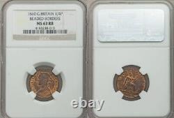 Pièce de monnaie en bronze de 1860 Grande-Bretagne Farthing Reine Victoria Buste lauré NGC MS63 RB