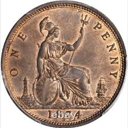 Pièce de penny de Grande-Bretagne Victoria 1874-h, non circulée, certifiée Pcgs Ms65-rb