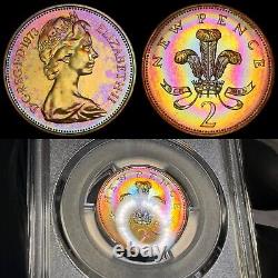 Pr66rb 1973 Grande-bretagne 2 Penny Proof, Pcgs Secure- VIVID Rainbow Toned