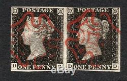 Qv Penny Noir 1840 Sg 2 1d Plaque Noire 2 Dans Une Paire (dc Dd) Super-mx Rouge