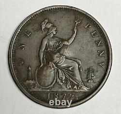 RARE 1872 Victoria Obverse BROCKAGE ERROR Penny Off-Center Pièce de monnaie de Grande-Bretagne