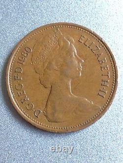 Royaume-Uni 2 nouveaux pence, 1980, Original ELIZABETH II D G REG F D 1980 Rare
