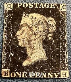 Timbre GB 1840 1d Penny Black plaque (BH) 2 SG2- 4 marges Pas de gomme Utilisé