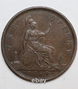 Très RARE pièce de 1869 Grande-Bretagne Royaume-Uni 1 penny Victoria XF