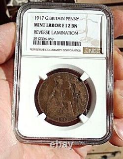 VOIR LA VIDÉO Erreur majeure de laminage 1917 GRANDE-BRETAGNE PENNY NGC F12 BN vérifiez